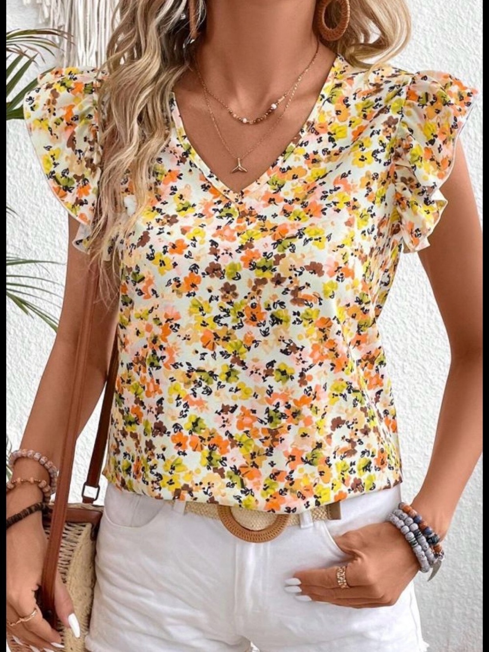 Flutter Sleeve Floral V-Neck Blouse - White/Yellow/Orange